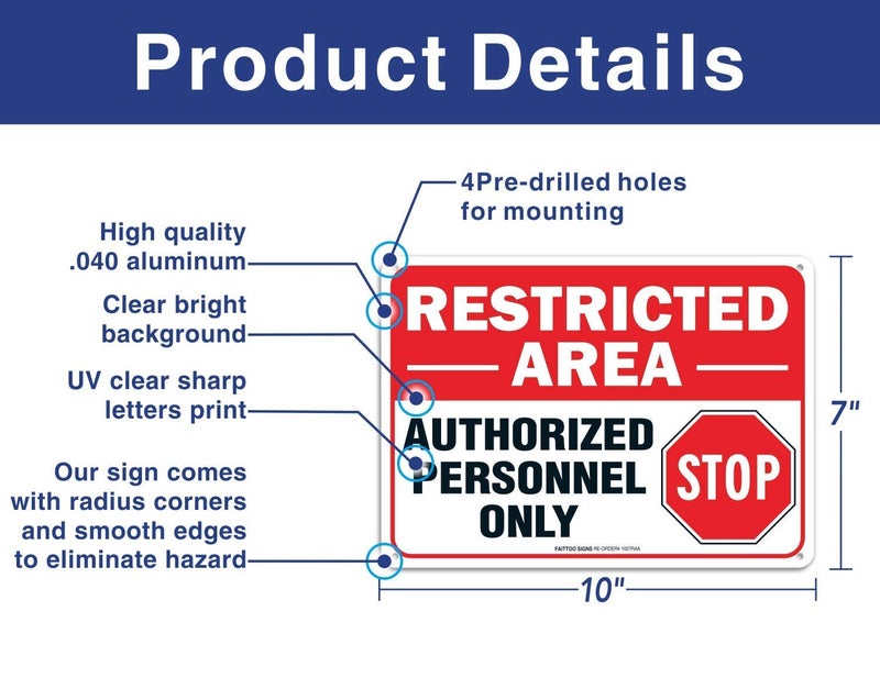 Faittoo (6 Pack) Restricted Area Sign Authorized Personnel Only, Do Not Enter Sign, 10 x 7 Inches .40 Rust Free Aluminum, UV Protected, Weather Resistant, Waterproof, Durable Inkï¼ŒEasy to Mount - Image 2